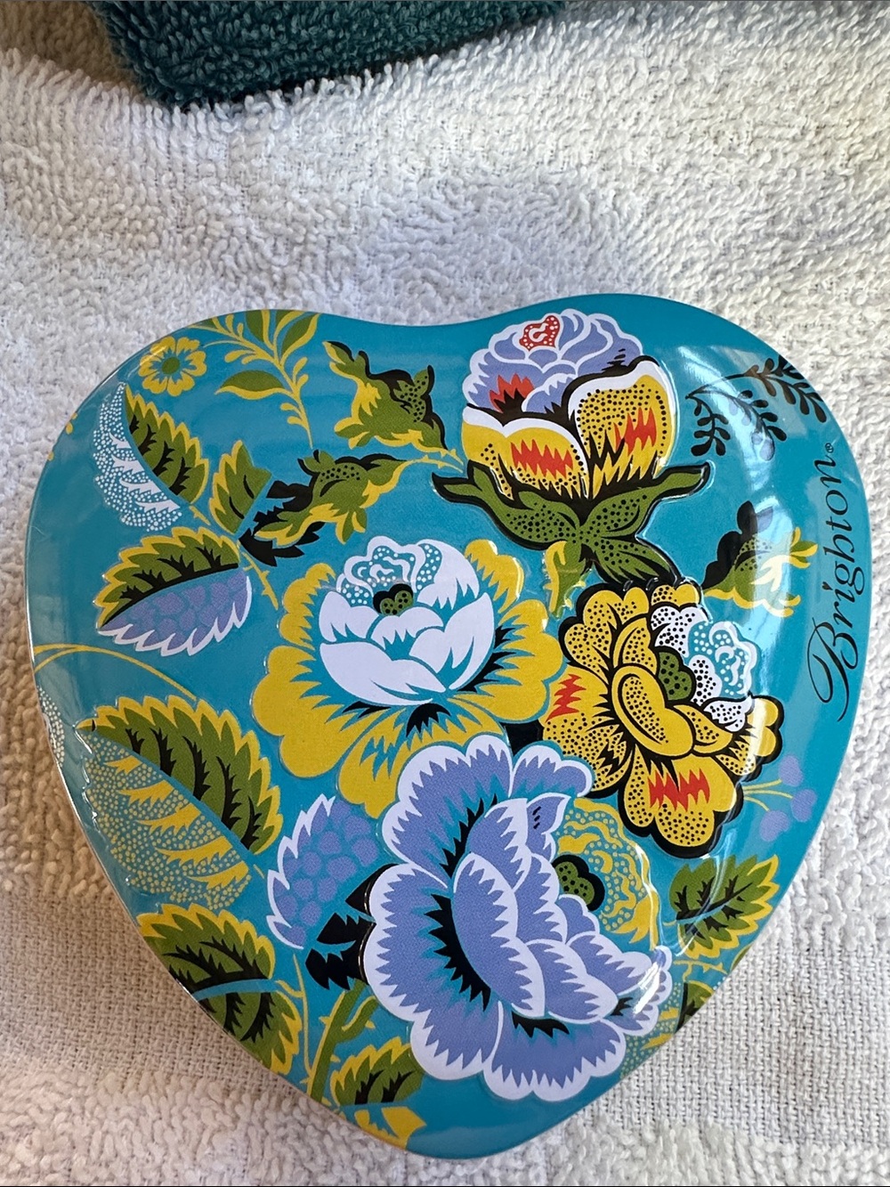 Brighton Jewelry Tin in a heart shape of course! Blue purple yellow
